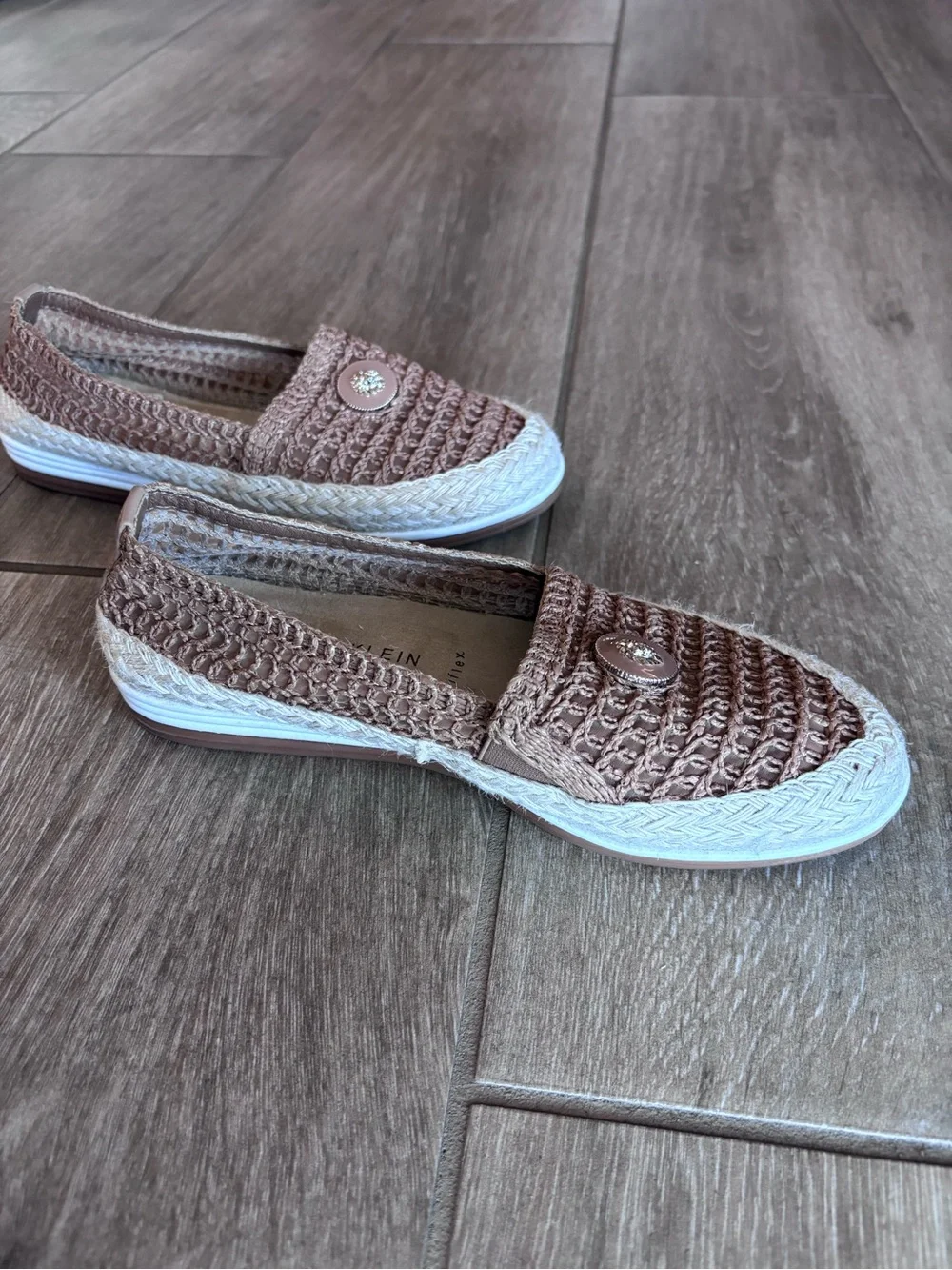 Anne Klein Tan Woven Espadrille Slip-On Flats with Crystal Button